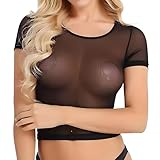 Transparentes Oberteil Damen, Schwarz Sexy Oberteil, Sheer Kurzarm Oberteile, Durchsichtige Mesh Top, Transparentes Netz Shirt Top für Damen Festival Party Sexy Outfit