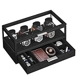 SONGMICS Uhrenbox 2 Ebenen, Uhrenkasten mit Acryl-Deckel, Uhrenkoffer mit 7 Uhrenkissen, 1 Schublade, Samtfutter, Geschenkidee, für Ihre Liebste, schwarz JOW007B01