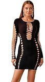 Walang Damen Sexy Netz Dessous Ausgehöhlte Bodycon Fischnetz Outfit Langarm Bodystocking Einteilig Party Kleid Nachtwäsche (Schwarz)