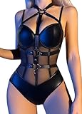 FEOYA Damen-Body mit Ausschnitt, Netzstoff, durchsichtig, einteilig, Dessous, Leder-Trikot für Cosplay, Party, Club, Schwarze Riemen, S