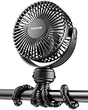 Gaiatop Tragbarer Mini-Kinderwagen-Ventilator, batteriebetrieben, kleiner Ventilator zum Anklippen, abnehmbar, 3 Geschwindigkeiten, wiederaufladbar, 360 ° drehbar, flexibles Stativ, Reisen, Schwarz