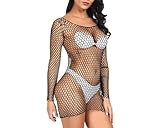 KUAIQI Netzoberteil，Fischnetz Oberteile für Damen，Langarm Netz Tops Netzshirt，Netz-Minikleid Langarm，Frauen Figurbetontes Kleid Fischnetz Lingerie，Nachtwäsche Clubwear