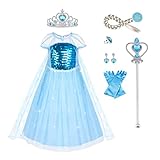 URAQT Prinzessin Kostüm Kinder, Prinzessin Kleid Mädchen, 10-teiliges Set Prinzessinnenkleid Kinder mit Krone Handschuhe Zauberstab usw für Halloween Weihnachten Verkleidung Karneval Party (130cm)