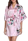 Vlazom Kimono Satin Robe Morgenmantel Kurz V-Ausschnitt Bademantel mit Gürtel Kimono Robe für Damen(L,Pink)