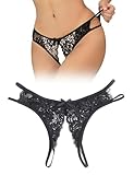 ohyeahlady Erotische Unterwäsche Damen mit Loch Unterhosen Damen im Schritt Offen Spitze String Tanga Sexy Dessous Curvy Ouvert Slip Offen Frauen Hipster Höschen Reizwäsche Schwarz,M