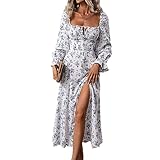 Y2K Damen-Maxikleid mit Blumenmuster, langärmlig, quadratischer Ausschnitt, zum Binden, Blumenmuster, hoher Schlitz, Herbst, Swing, Strandkleid, Clubwear, weiß, L