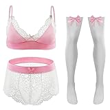 FEOYA Herren Dessous 3-teiliges Dessous Set Sexy BH und Durchsichtige Dessous Slips Set Sissy Dessous Crossdresser Transparente Spitze BH Top Slips mit Langen Strümpfen Unterwäsche Set Rosa Weiß L