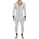 Jumpsuit Herren Langärmelige Schlafanzüge Einteiliger Pyjama mit Knopfleiste Overall Gestreift Bedruckt Pyjama Bequeme Stoffhose Atmungsaktiv Sommerhose Leicht Komfortabel