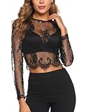 Wayleb Spitzenbluse Damen Langärmlig Dirndlbluse Rundhals Transparente Mesh Bluse Partyoberteil Elegant, Schwarz M