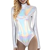 Body Damen Glänzende Metallic Langarm Lackleder Bodysuit Turnanzug Oberteile für Ballett Sport Disko Fasching Kostüm Silber M