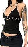 FENXIXIONE Damen Sexy Tief Ausgeschnitten Neckholder Crop Tops Emo-Kleidung Y2k Gothic Punk-Rock Halfter Tank Crop Tops Für Frauen Mit Metallring (L)