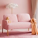 Mondeer 2 Siter Sofa, Kleine Couch mit Seitentasche und Gepolsterter Metallfüßen Gemütlicher Kunstlammfell Stoff Moderne, für Wohnzimmer Schlafzimmer, 122 x 76 x 75 cm, Rosa