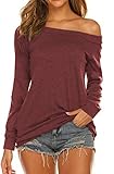 Lalala Oberteile Damen Schulterfrei Locker Tops Winter Langarm Tunika Bluse (Weinrot,M)