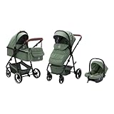 babycab Kombikinderwagen Stockholm Trio-Set grün - mit i-Size Babyschale & Wickeltasche - 5-Punkt-Gurt und Sicherheitsbügel - Allrad-Federung EVA-Räder - Zusammenklappbar