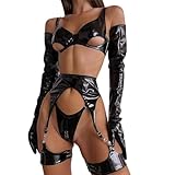 Duanminxi PU Lackleder Korsettkleid, Damen Reizwäsche Latex Catsuit Dessous Jumpsuit Bodys Ausgehöhlt Lederkleid Bodysuit Masche Minikleid Pyjamas für Frau Liebhaber Hochzeitstag