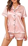 Lovasy Satin Schlafanzug Damen Kurz Kurzarm Pyjamas Set mit Knöpfen Seiden Nachtwäsche V-Ausschnitt Zweiteiliger Pjs Sets Hausanzug,Rosa,M