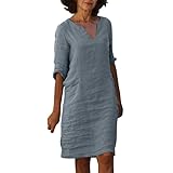 Leinenkleid Damen Sommer V-Ausschnitt Kurzarm Sommerkleid Damen Knielang Leinenkleider Baumwolle Leinen Blusenkleid Casual Drucken Freizeitkleid Strandkleider Kleid A-Linie Kleid