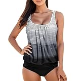 Tankini Damen Bauchweg Bademoden Set Damen Freizeit Tankini Bikini Damen Sexy Tankini Tankini Gestreift Badeanzüge Oberteil Mit Bikinislip Zweiteilig Badeshorts Damen Tankini Tankini Mit (#6-Grey, XL)