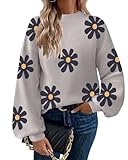 Zeagoo Pullover Damen Strickpullover Warm Winterpullover Rundhals Gestrickte Pulli Herbst Lose Sweatshirt Casual Puffärmel Langarmshirt Elegant Sweater Einfarbig Oberteile Grau-Blume L