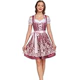 Jecarden Dirndl Damen Midi Dirndl für Damen Weinrot Trachtenkleid mit Dirndlbluse Trachtenmode Trachtenrock Kleid 3 Teilig für Oktoberfest Besondere Anlässe, 44