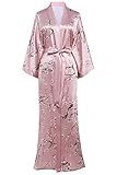 BABEYOND Damen Morgenmantel Maxi Lang Seide Satin Kimono Kleid Pfau Muster Kimono Bademantel Damen Lange Robe Schlafmantel Girl Pajama Party 135cm Lang (Rosa)