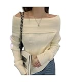 CUEYU Pullover & Strickjacken für Damen Sexy Weißer Flachkragenpullover Für Frauen, Colarmbone Off-Shoulder-Pullover Zum Abnehmen-Weiss-eine Größe