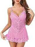 Vlazom Damen Babydoll Dessous Sexy Spitze Negligee V-Ausschnitt Nachtwäsche Kleid mit G-String（XXL，Rose）