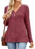 TAOHUADAO Damen Pullover Herbst V-Ausschnitt Sweatshirt Winter Strickpullover S, Rot