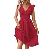 Sale Angebote hemdblusenkleid Kleid Langarm Damen chiffonkleid Damen Einfarbig Spitze Hohl V-Ausschnitt Rüschen Kurze Ärmel Mini Kleid chiffonkleid (Verrotten, L)