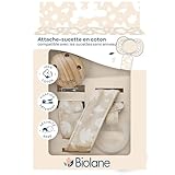 BIOLANE - Baby Schnullerkette - für Schnuller ohne Ring - Stoff 100% Baumwolle - Beige - Silikonbefestigung - Clip aus Holz und Metall - doppelte Sicherheit & rutschfest