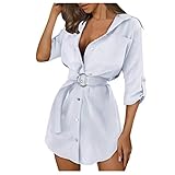 Hemdblusenkleid Damen Langarm: Hemdkleid Damen Elegant Blusenkleid Einfarbig V-Ausschnitt Shirt Kleid Bodycon Minikleid Mit GüRtel FrüHling Sommer Blusenkleider Sexy Sommerkleid Kleider Longbluse