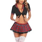 KFLY Schulmädchen Dessous Anime Cosplay Kostüm Schoolgirl Outfit mit Karierte Minirock Faltenrock Halloween (Schwarz, M)