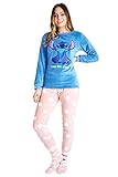 Disney Schlafanzug Damen mit Kuschelsocken Set Charaktere Stitch Geschenke Set (Blau/Rosa Stitch, XL)