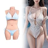 Minaky Silikon Brüste Brustformen 3-Punkt Bodysuit Realistisch Brustplatte mit Katheter für Transgender Crossdresser-Insertable Version C Cup,Elfenbein