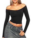 Navneet Damen Schulterfreies Oberteil Bauchfrei Off Shoulder Crop Top Langarmshirt Eng Carmenbluse Y2K Herbst Schwarz S