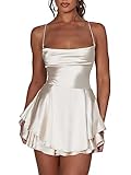 Kurzer Jumpsuit für Damen, rückenfrei, Satinkleid, sexy Wasserfallausschnitt, kurze Jumpsuits, Krawatte, Rüschen, Spaghettiträger, Minikleid, A-Champagner, S