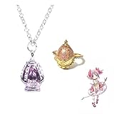 JUSONGKWCP Madoka Magica Halskette Ringe 2 Pcs Anime Figur Cosplay Necklace Ring Accessories Edelsteine Metall Anhänger Jewelry Set (rosa)