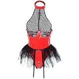 Frauen Sexy Wetlook Strumpfgürtel Dessous Set 2 Teiliges PU Leder Fishnet Bodysuit + Mesh Minirock Damen Lackleder Halter Body Reißverschluss Reizwäsche Clubwear Cosplay Outfit (Schwarz+Rot, M)