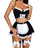 RSLOVE Damen Dessous Sets Kostüm - Sexy Maid Outfit Unterwäsche Negligee Kleid für Cosplay Schwarz S