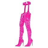 blingqueen High Heel Stiefel Schenkelhoch mit Spitzer Zehe und Gürtel Chap Boots Belted Sexy Stilettos Lack Pink 43 EU