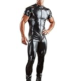 Duohropke Herren Bodysuit Wetlook Body Ouvert Boxershorts Unterhemd Stehkragen Dessous Leder Seitlich transparent Männer Overall eng sexy mit Zip Catsuit