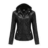 GITVIENAR Damen Lederjacke Kapuze Kunstleder Motorradjacke Bikerjacke Ladies Oberbekleidung mit Reißverschluss und Tasche (Schwarz, XL)