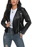 Fahsyee Damen Kunstlederjacke, Motorrad Übergröße Moto Biker Lederjacke Reißverschluss Mantel Kurz Leicht Vegan Mode, Schwarz M