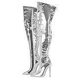 Only maker Damen Stiefel Overknee Spitze Stiletto Crotch Boots mit Reißverschluss Metallic Silber Lackoptik 44 EU