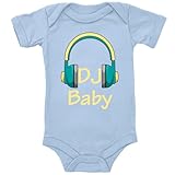 Blauer-Storch Baby Body in Hellblau DJ Baby, Kopfhörer Geschenk für das Musikbegeisterte Kleinkind zur Geburt Kurzarm Bio Baumwolle