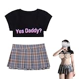 NSKRKOW DDLG Outfits for Women Tank Top Sleepwear Mini T Shirt Daddy's Little Funny Flirty Student Pleated Skirt Cosplay
