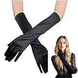 Lange handschuhe Damen, Handschuhe Damen elegant, Satin klassische Abendhandschuhe, elastische Braut Handschuhe, Erwachsene Größe Ellenbogen Handschuhe, 1920er Jahre Stil Handschuhe (Schwarz, lange)