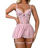 RPAEOY Dessous Sexy Damen Negligee Dessous Kleid Strapsen Dessous Set Nachtkleid mit G-String Reizwäsche Sleepwear Spitze Babydoll Nachtwäsche (Rosa, M)