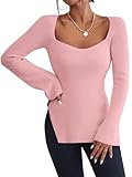 Imily Bela Pullover Damen Winter Langarm,Leicht,Sexy,Eckiger Ausschnitt,Slim Fit Strickpullover Seitenschlitz Herbst Oberteile (Weinrot,XL)