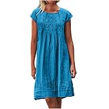 BFSWL Musselin Kleid Damen Sommer Plissee Leinenkleid Große Größen Sommerkleid Kurzarm Leinen Tunika Kleid Freizeit Knielang Strandkleid Leichte Blusenkleid Einfarbig Freizeitkleid Urlaub Hemdkleid